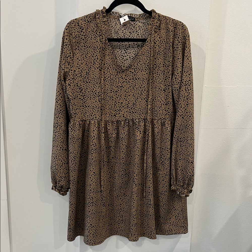 Brown Animal Print Long Sleeve Babydoll Dress